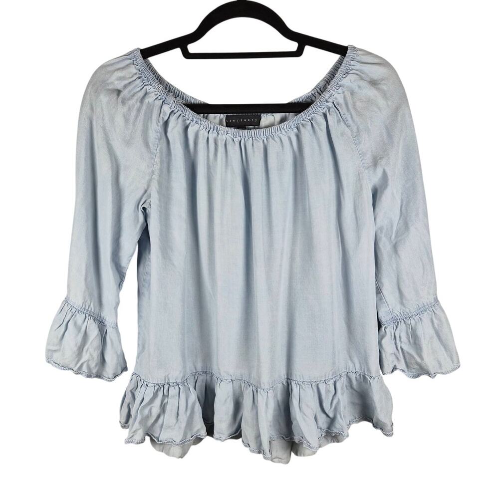 Sanctuary Chambray Off the Shoulder Peasant Blouse Top Light Blue Medium Boho